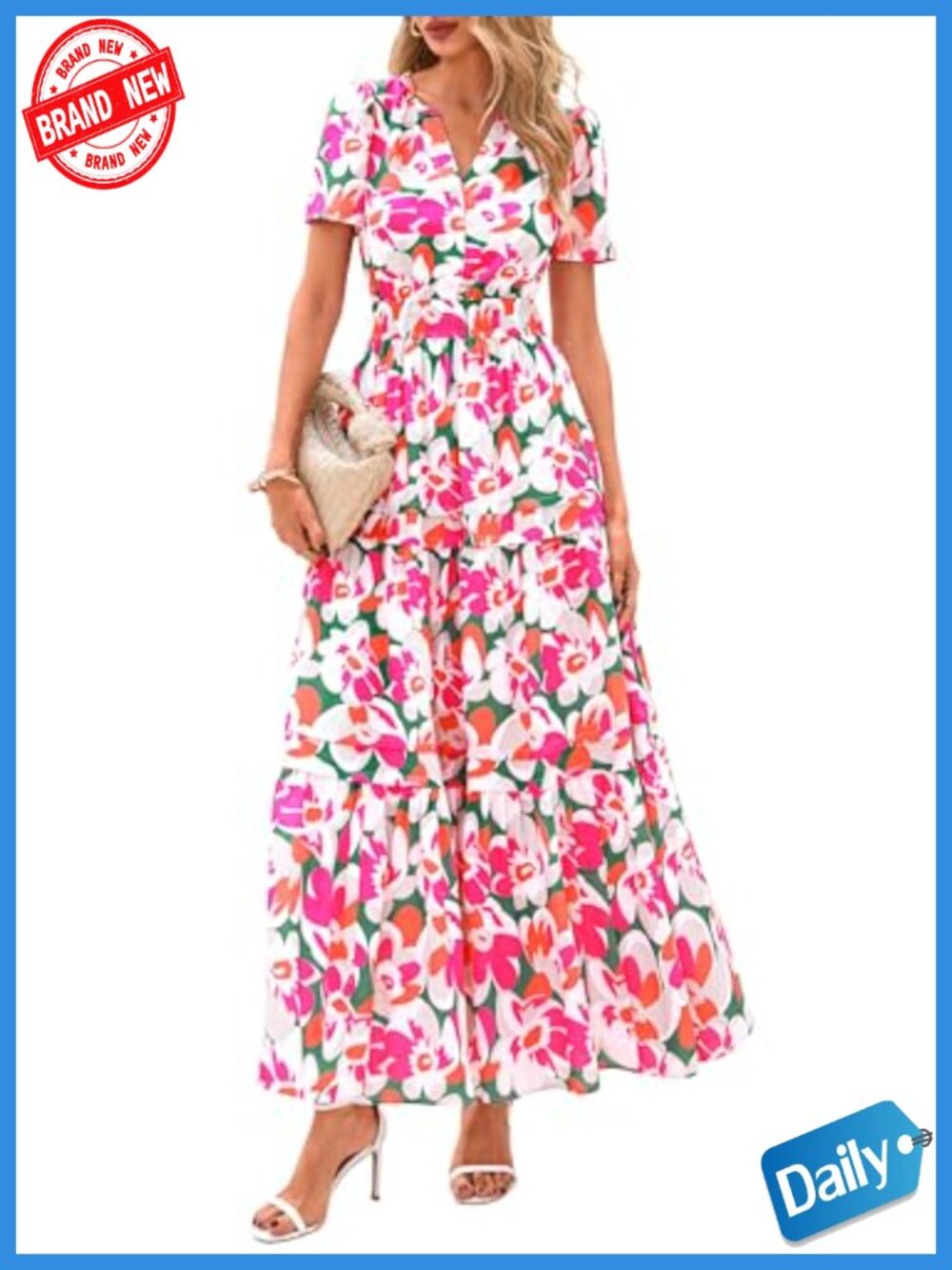 Women's Boho Floral Maxi Dress Tiered A-Line Elastic Waist with Pockets - Picture 1 of 6